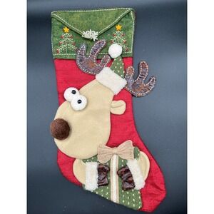 Reindeer Christmas Stocking Holiday Decoration Festive Red Green 18" x 7" As Is